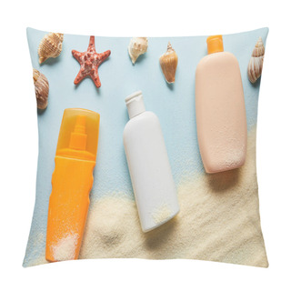 Personality  Top View Of Sunscreen Products In Bottles On Blue Background With Sand, Starfish And Seashells Pillow Covers
