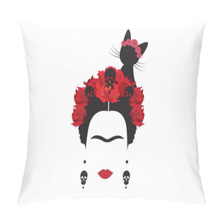 Personality  Frida Kahlo Minimalist Portrait With Earrings Skulls,  Red Flowers And  Black Cat, Vector Isolated Or White Background  Pillow Covers