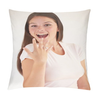 Personality  Showing Off Her Engagement Ring. Portrait Of A Beautiful Young Woman Smiling And Holding Up Her Hand To Show Her Engagement Ring Pillow Covers