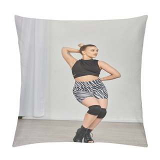 Personality  A Stylish Woman Wearing Zebra Shorts And Black Top Gracefully Dances Against An Indoor Wall Pillow Covers