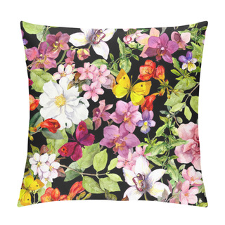 Personality  Summer Flowers, Butterflies On Black Background. Chic Floral Pattern. Watercolor Pillow Covers