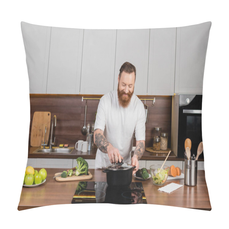 Personality  Bearded man putting cap on pot while cooking in kitchen  pillow covers