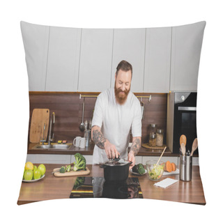 Personality  Bearded Man Putting Cap On Pot While Cooking In Kitchen  Pillow Covers