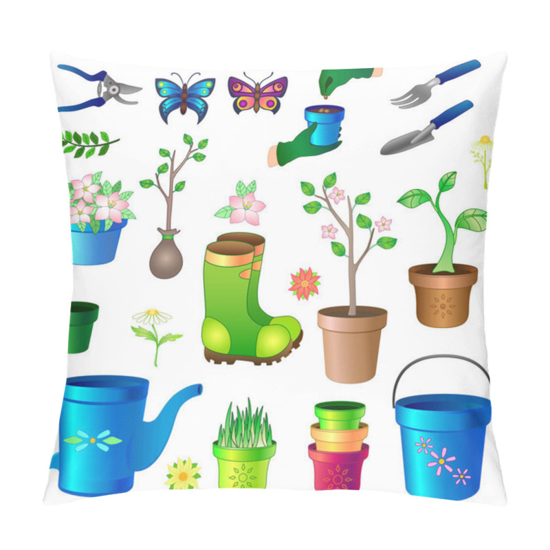 Personality  Gardening - a large vector full-color set on the theme of spring gardening. Equipment, tools, seedlings and seeds. Seedlings in pots and much more. Garden spring vector set for decoration. pillow covers