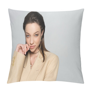 Personality  Pleased Young Woman In Stylish Blazer Looking At Camera While Posing Isolated On Grey Pillow Covers