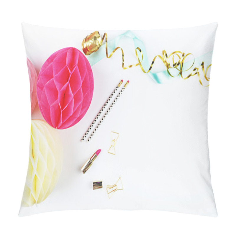 Personality  Party Paper Ball, And Gold Woman Accessories. White Background Pillow Covers