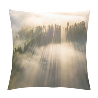 Personality  Fog Envelops The Mountain Forest. The Rays Of The Rising Sun Break Through The Fog. Aerial Drone View. Pillow Covers