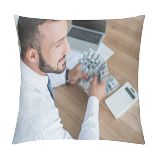 Personality  High Angle View Of Financier Counting Cash With Calculator In Office Pillow Covers