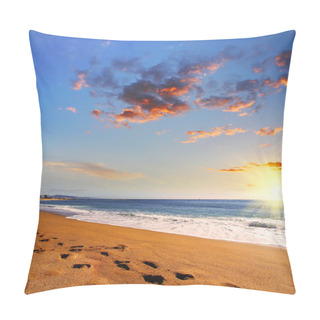 Personality  Beach Travel - Footprints In The Sand On Beach At Sunset. Travel And Business Background Pillow Covers