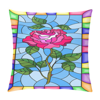 Personality  Illustration In Stained Glass Style Flower Of Pink  Rose On A Blue Background In A Bright Frame Pillow Covers