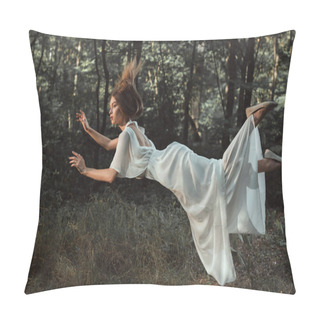 Personality  Elegant Young Tender Woman In White Dress Flying In Forest Pillow Covers