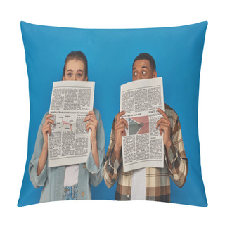 Personality  Interracial Man And Woman Obscuring Faces With Newspapers On Blue Background, Reading News Pillow Covers