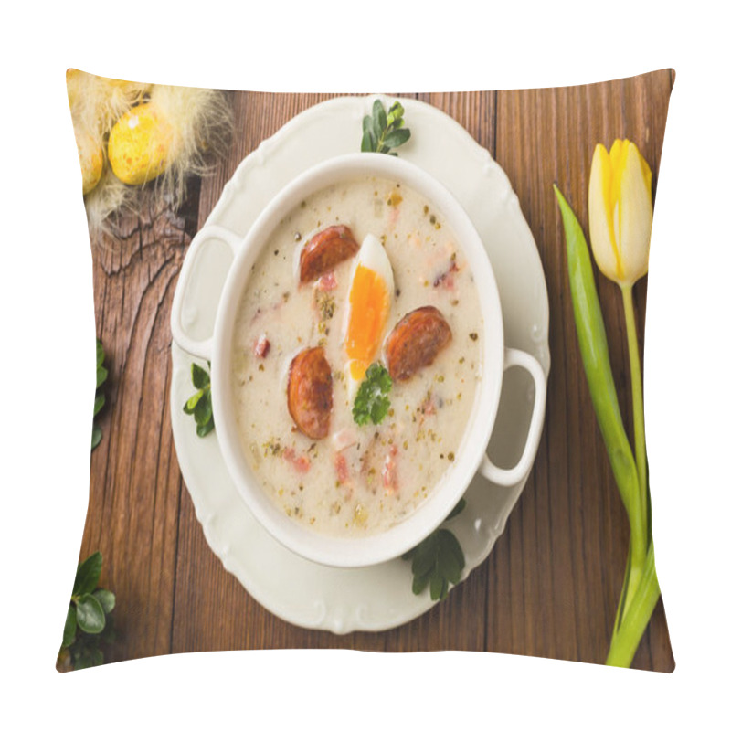 Personality  Traditional Polish white borsch with Easter decoration. Top view pillow covers