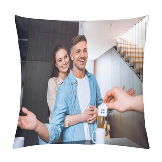 Personality  Cropped View Of Man Giving House Shaped Key Chain To Cheerful Couple In New Home  Pillow Covers