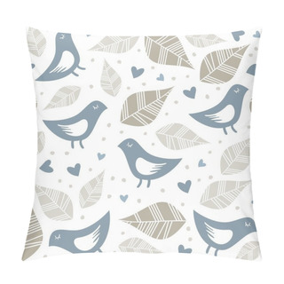 Personality  Little Blue Birds With Dots Leaves And Hearts Seamless Pattern Isolated On White Pillow Covers