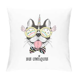 Personality  Vector Illustration Of Happy French Bulldog With Unicorn Horn On His Head Pillow Covers