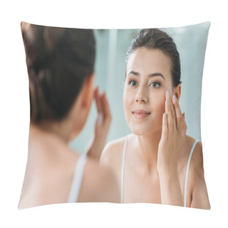 Personality  Beautiful Smiling Girl Touching Face And Looking At Mirror In Bathroom  Pillow Covers