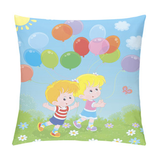 Personality  Children Walking With Colorful Balloons In A Park On A Sunny Summer Day, Vector Illustration In A Cartoon Style Pillow Covers