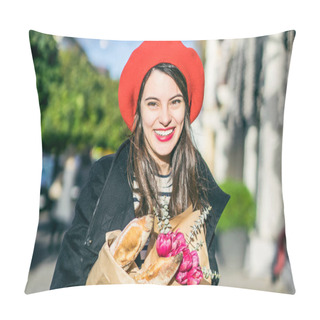 Personality  Young Beautiful Girl Frenchwoman Brunette In A Red Beret And A Black Coat Goes Along The Street Of The European City With A Bouquet Of Flowers And French Baguettes. A Happy Smile And A Charming Look, The French Style Of Paris Pillow Covers