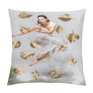 Personality  Beautiful Ballerina In White Dress Dancing Surrounded By Falling Leaves Near Grey Smoke On Grey Background Pillow Covers
