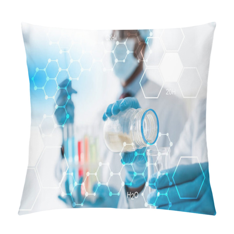 Personality  Selective Focus Of Multicultural Biologist Doing Test With Formulas Illustration Pillow Covers