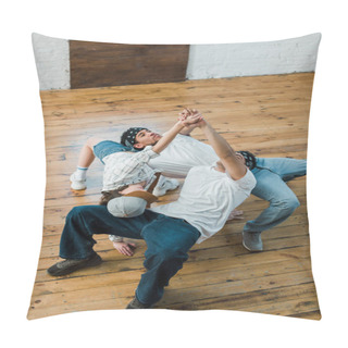 Personality  Overhead View Of Multicultural Dancers Holding Hands While Posing In Dance Studio  Pillow Covers