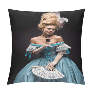 Personality  Young Victorian Woman Holding Wine Glass And Fan On Black  Pillow Covers