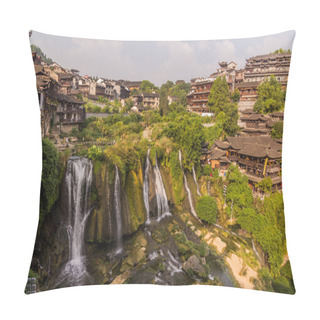 Personality  View Of Furong Zhen Town And Waterfall, Hunan Province, China Pillow Covers