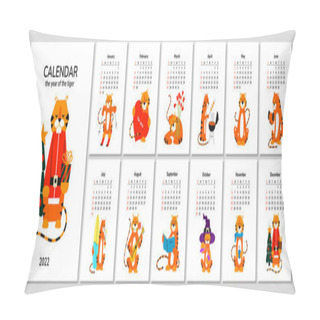 Personality  Calendar Or Planner A4 Format With Tiger. Happy New Year 2022. Set Of 12 Monthly Pages And Cover With Vector Illustrations Of Positive Smiling Cartoon Tigers. Week Starts On Sunday Pillow Covers
