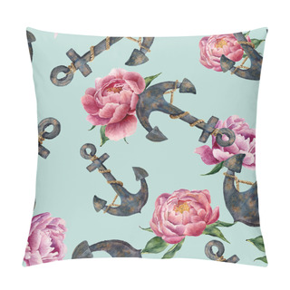 Personality  Watercolor Sea Seamless Pattern With Anchors And Peony Flowers. Isolated On Blue Background. For Design, Textile And Background. Pillow Covers
