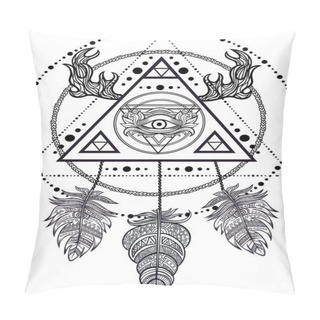 Personality  Blackwork Tattoo Flash. Dreamcatcher With Third Eye, Feathers And Deer Antlers. Vector. Tattoo Design, Mystic Symbol. New School Dotwork. Boho Hipster Design. Print, Posters, T-shirts And Textiles. Pillow Covers