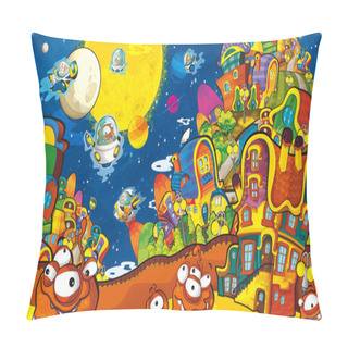 Personality  Cartoon Scenes With Some Funny Looking Aliens In The City And Flying Ufo Ships - White Background - Illustration For Children Pillow Covers
