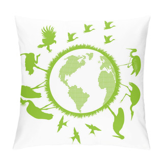 Personality  Birds Set Around World Vector Background- Ecology Concept Pillow Covers