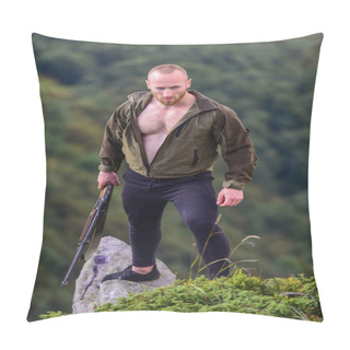 Personality  Hunter Poacher Looking For Victim. Hunter With Rifle Nature Environment. Illegal Hunting. Man Brutal Poacher With Weapon Natural Landscape Background. Poaching Concept. Poacher Stand On Edge Of Cliff Pillow Covers