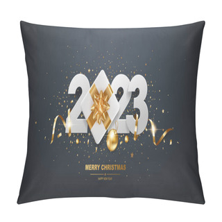Personality  Happy New Year 2023. White Paper Numbers With Golden Ribbons, Gift Box And Confetti On A Black Background. Pillow Covers