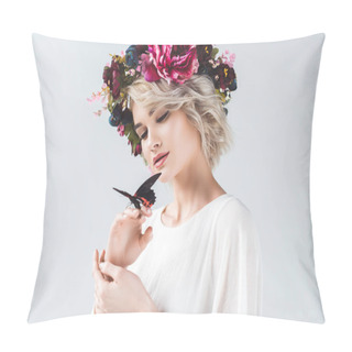 Personality  Beautiful Girl Posing In Fashionable Wreath With Butterfly On Hands, Isolated On Grey Pillow Covers