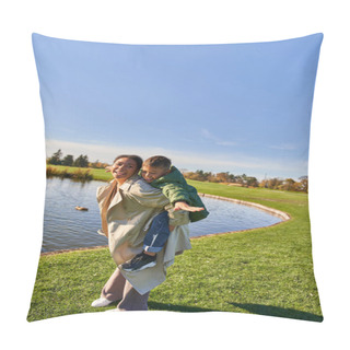 Personality  Fall Colors, Mother Piggybacking Son Near Pond With Ducks, Happy Childhood, African American, Autumn Pillow Covers