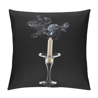 Personality  Extinct White Candle In Glass Candlestick With Smoke On Black Background Pillow Covers