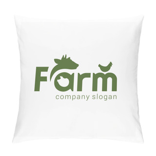 Personality  Farm Simple Logo. Farm Animal Sign. Green Logotype For Animal Husbandry. Symbol For Farm Products. Brand For Agricultural Company. Agro Business Identity. Vector Illustration With Cow, Pig, Chicken And Word FARM Pillow Covers