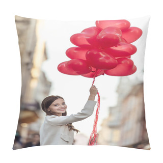 Personality  Happy Girl Looking At Camera While Holding Bunch Of Red Heart-shaped Balloons On Street Pillow Covers