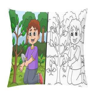 Personality  This Coloring Page Shows A Boy Planting Trees. One Side Of This Illustration Is Colored And Serves As An Inspiration For Children. Pillow Covers