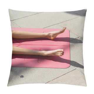 Personality  Cropped View Of Barefoot Woman Getting Tan And Lying On Yoga Mat On Urban Street, Summer Concept  Pillow Covers