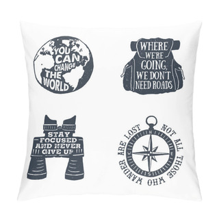 Personality  Hand Drawn Textured Vintage Labels Set Of Travelling Themed Labels. Pillow Covers