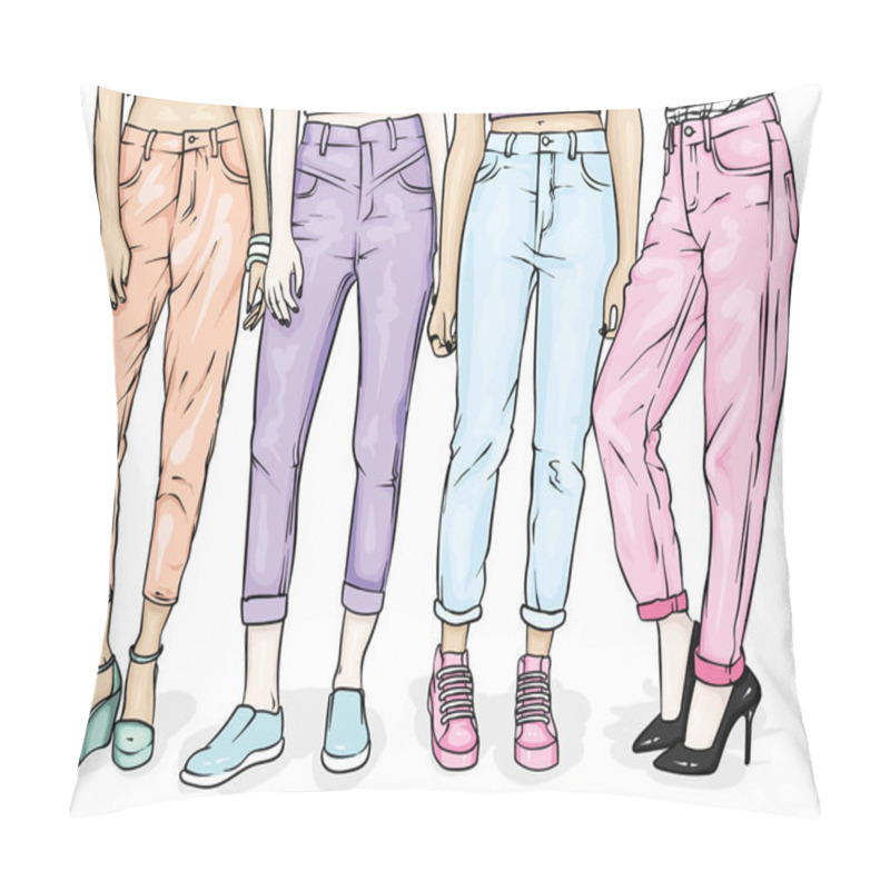 Personality  Girls in stylish jeans and shoes. Slender female feet. Vector illustration for a postcard or a poster, print for clothes. Fashion, style, clothing and accessories. Pants with a variety of prints. pillow covers