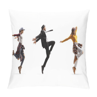 Personality  Two Female And One Male Dancers Performing A Choreography Pillow Covers