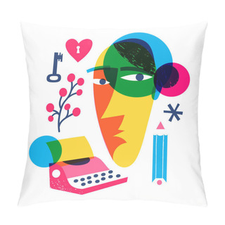 Personality  Abstract Writer Woman Portrait. Modern Style Line Art Femail Poet Portrait. Print Design With Beautiful Woman And Bright Colors. Contemporary Female Silhouette Face. Surrealistic Art. Pillow Covers