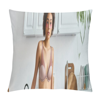 Personality  Curly African American Woman In Bra With Pink Patches Under Eyes Standing In Modern Kitchen, Banner Pillow Covers