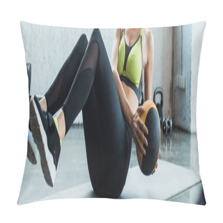Personality  Panoramic Shot Of Girl Exercising With Ball On Fitness Mat  Pillow Covers