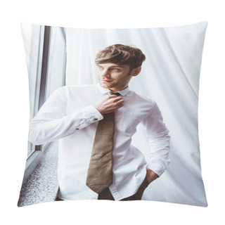 Personality  Smiling Businessman In White Shirt Tying Neck Tie In Office Pillow Covers
