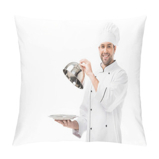 Personality  Young Chef Taking Of Serving Dome From Plate Isolated On White Pillow Covers